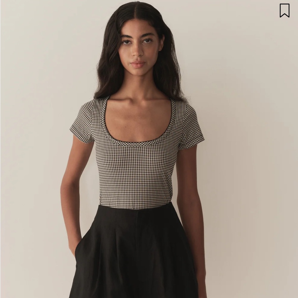 Doen Black and White Gingham Short Sleeve Scoop Neck Tee